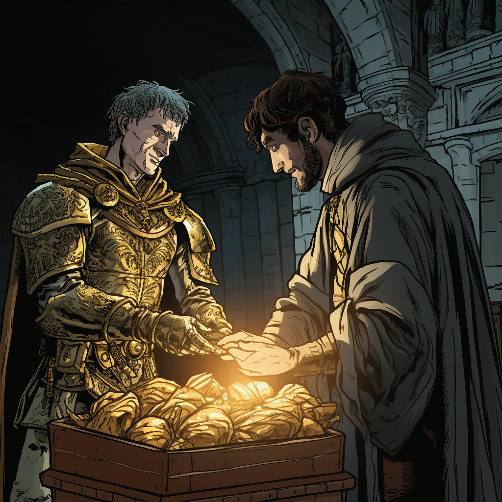 Knights ghost gifting man gold coin in castle cellar