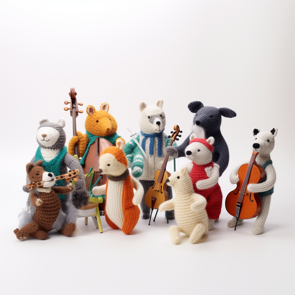 Knitted animals playing musical instruments