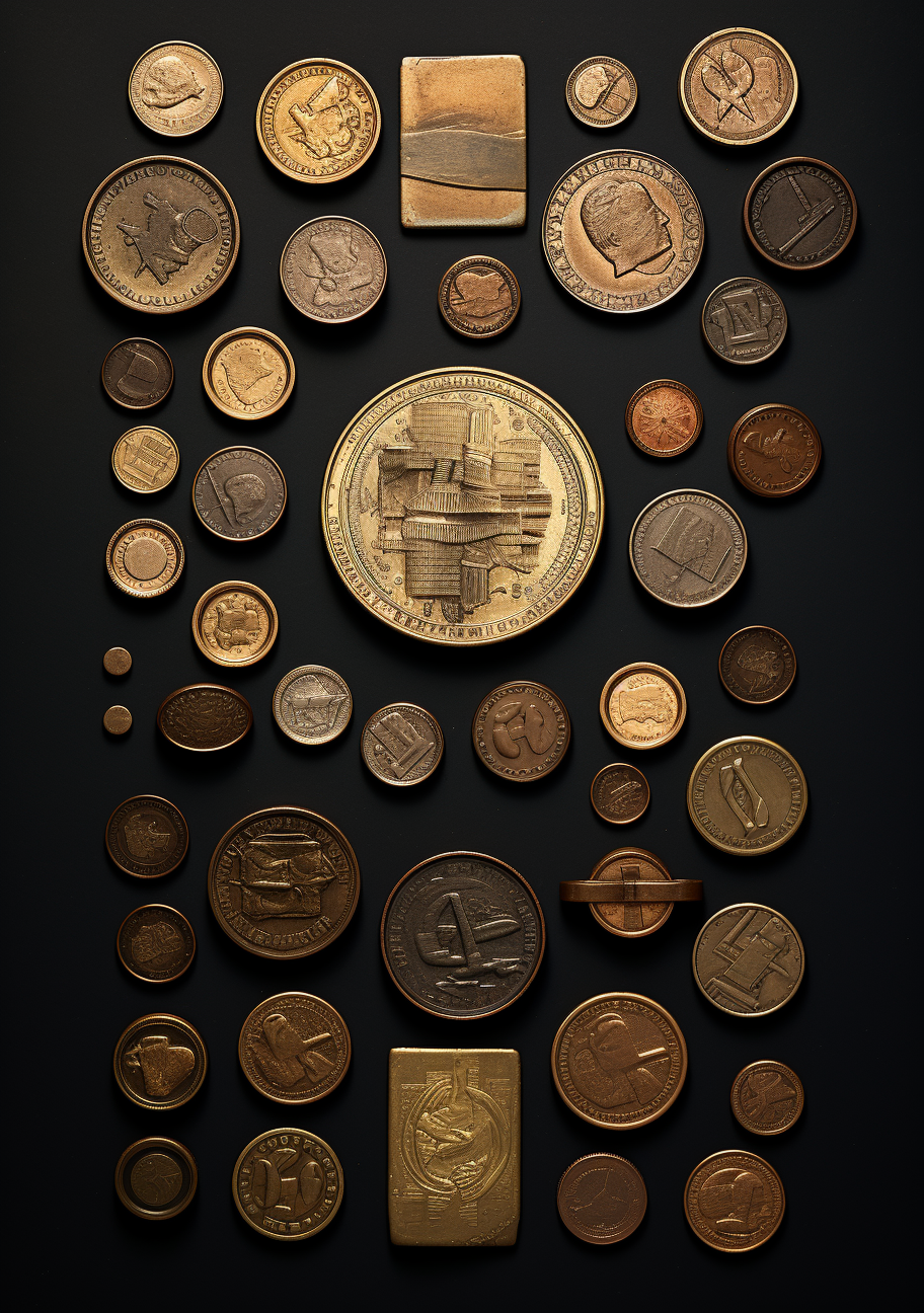 Organized coins and bills on a brown metallic background