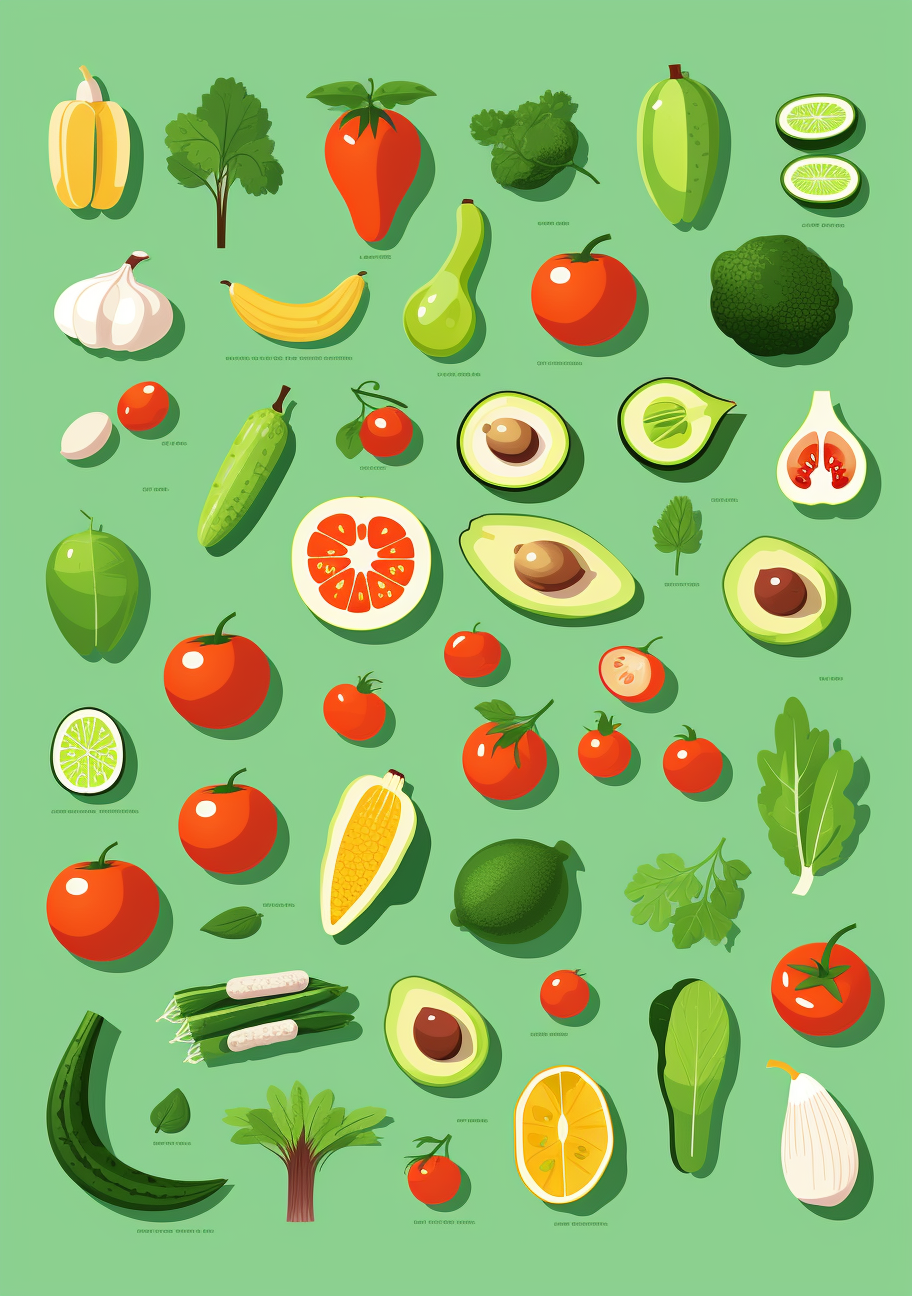 Fresh fruits and vegetables on green background