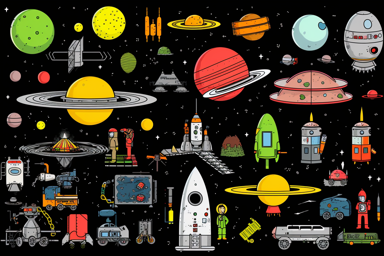 UFO knolling scene artwork with bold lines