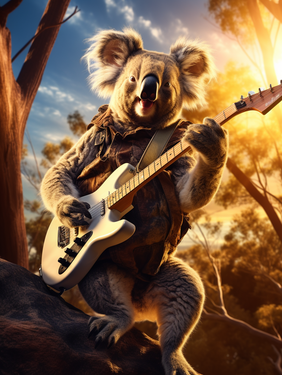 Koala bear playing an electric guitar