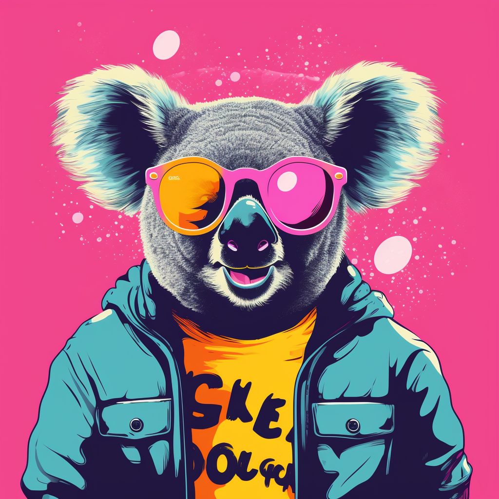 Koala blowing bubble gum with neon goggles