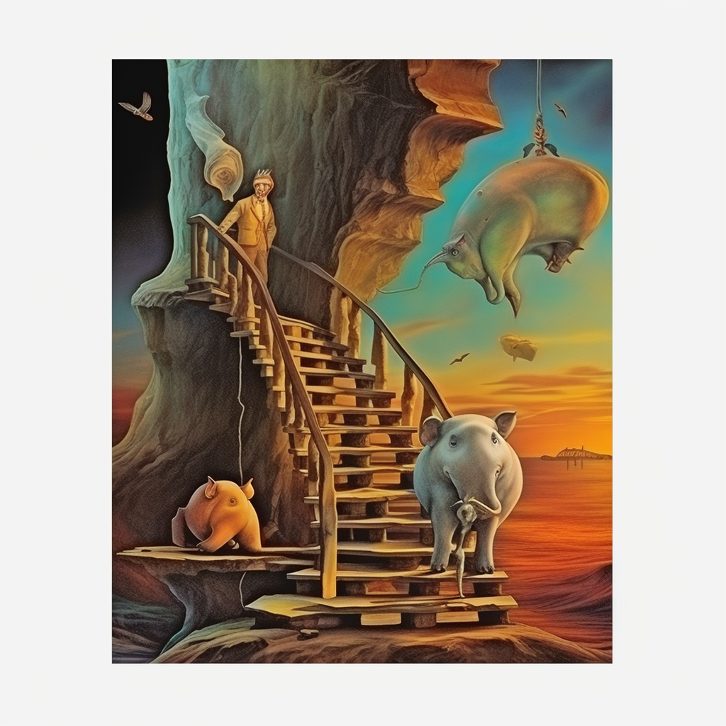 Koala and Rhino Climbing Stairs in Surreal Night