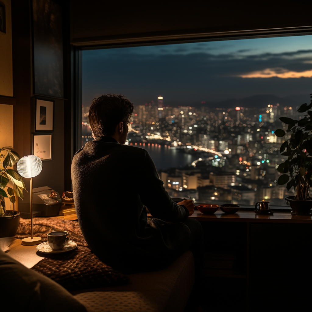 Japanese man enjoying coffee in luxury apartment