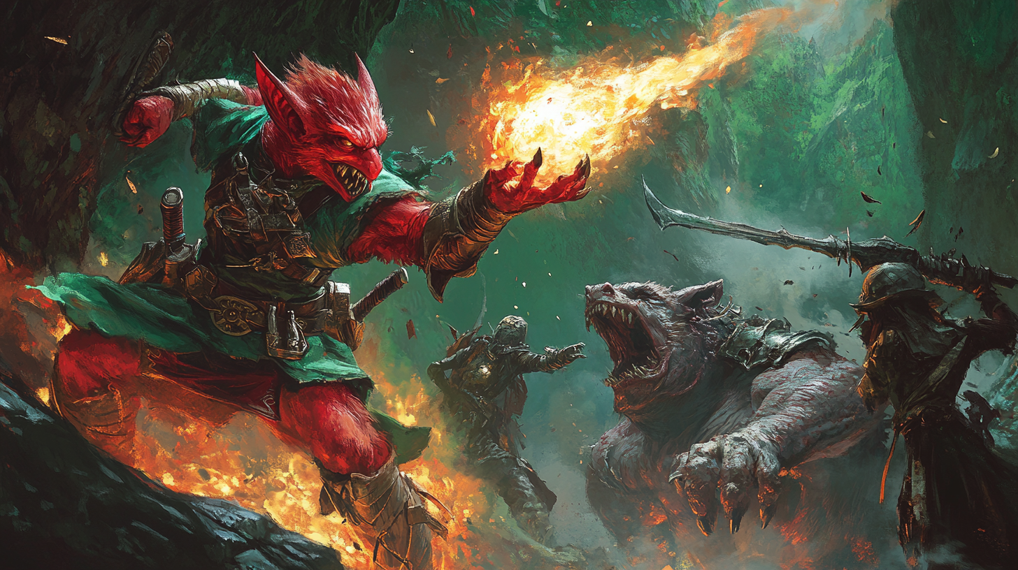 kobold rogue in green leather throwing fireball at oni.