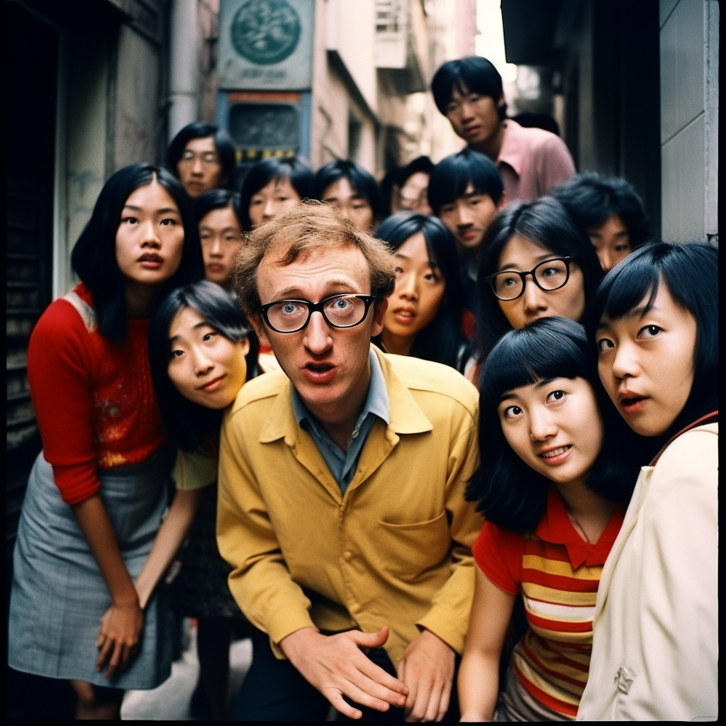 Vintage Kodachrome photo of Woody Allen and Asian girls