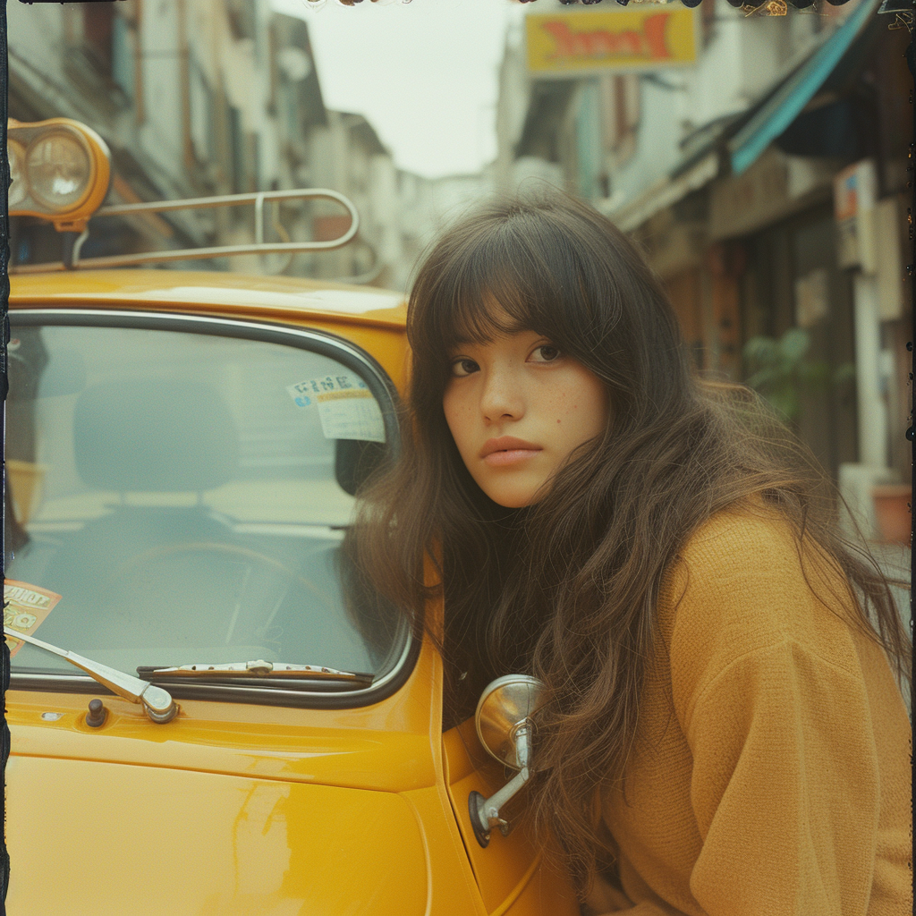 Beautiful Japanese Girl on Fiat 500 Car