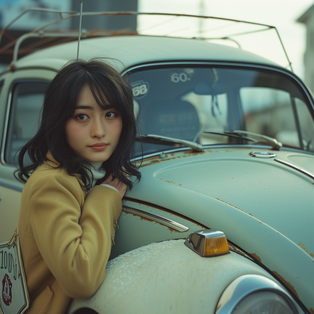 Kodak ULTRAMAX 400 film photo of a Volkswagen Beetle with a beautiful Japanese girl on board