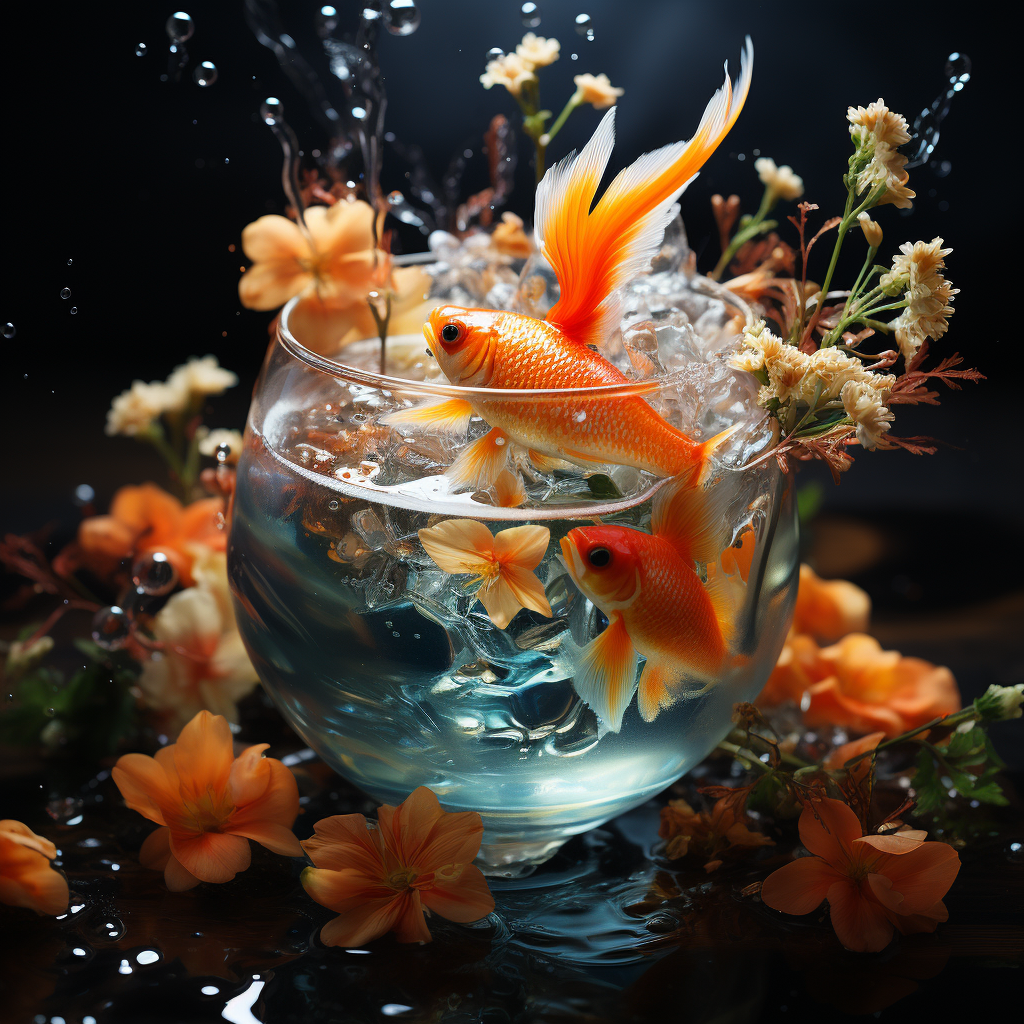 Koi fish swimming in cocktail glass