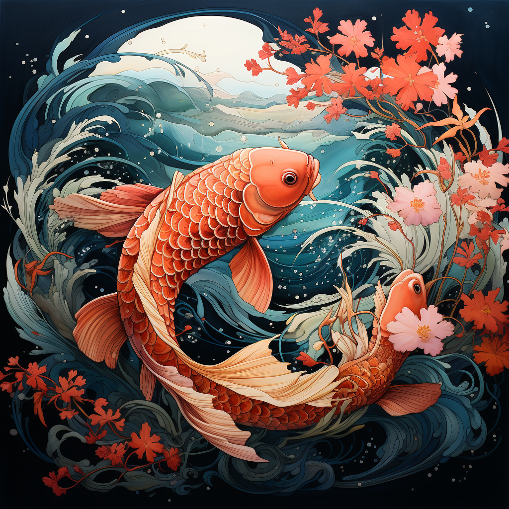 Aerial view of ethereal koi fish waterscape