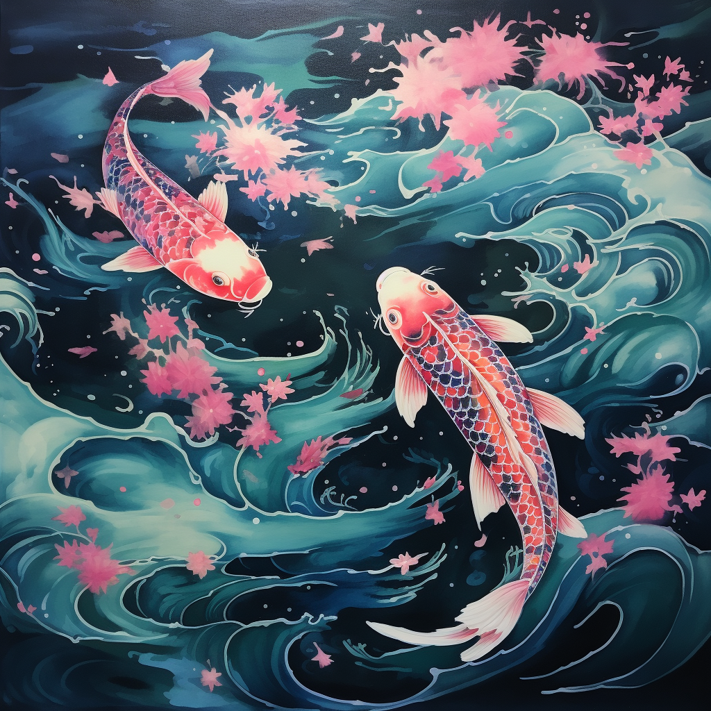 Aerial view of Japanese koi fish waterscape