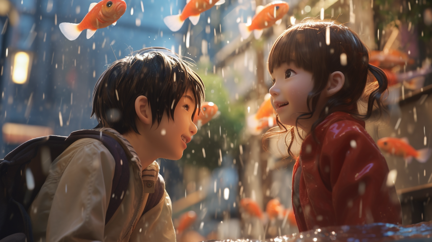 Japanese Anime Kids Sing and Play in Rain Puddle