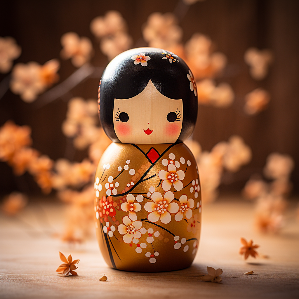 Traditional kokeshi doll with Japanese blossoms