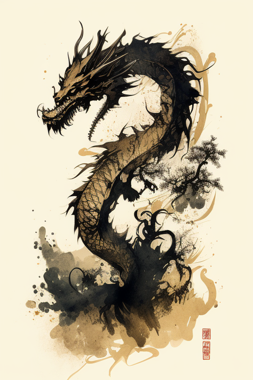 Beautiful Korean-style Oriental Dragon Ink Painting