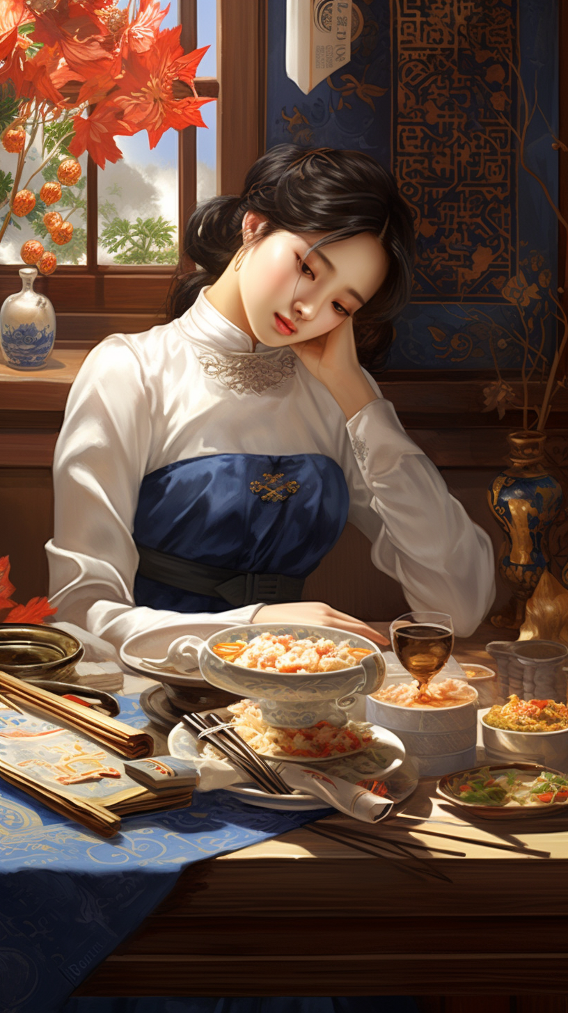 Korean beauty lying on dining table