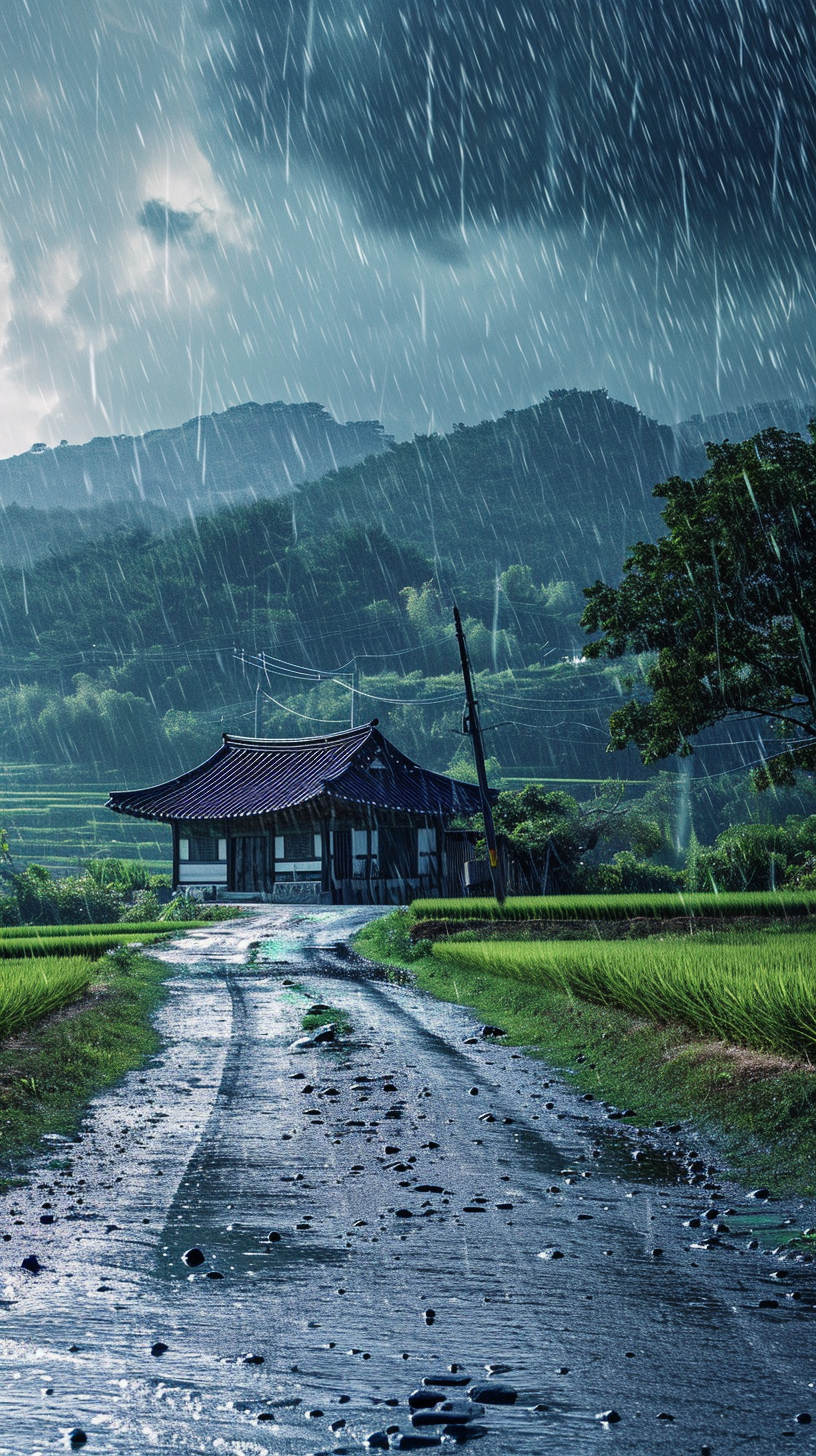 Korean country house with rainy sky and paddy field dog