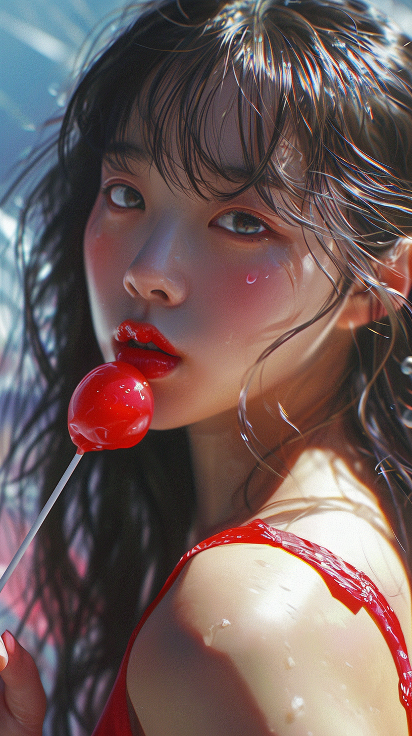 Korean girl enjoying candy with a cute expression