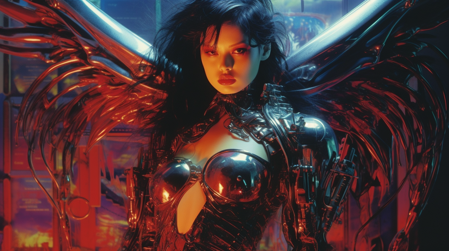 A stunning Korean cyborg angel in vibrant 1980s heavy metal pin up fashion