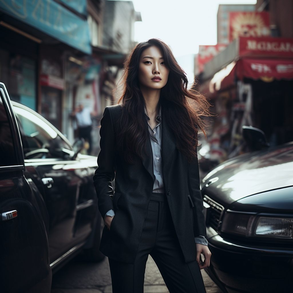 Beautiful Korean detective in stylish attire