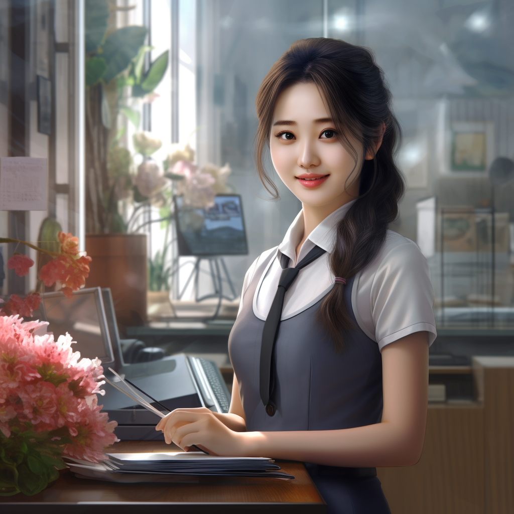 Realistic Korean female receptionist smiling behind the reception desk