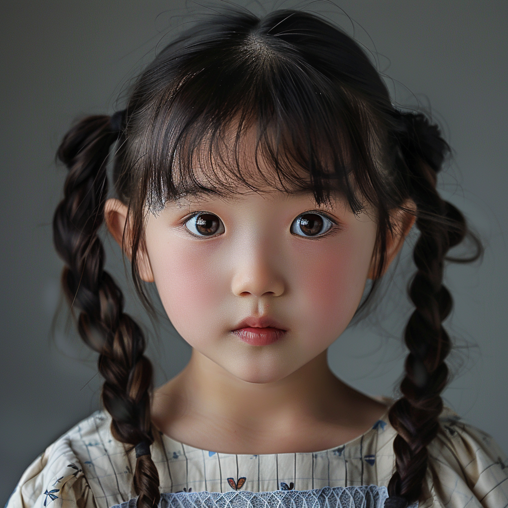 Korean girl with dark brown pigtails