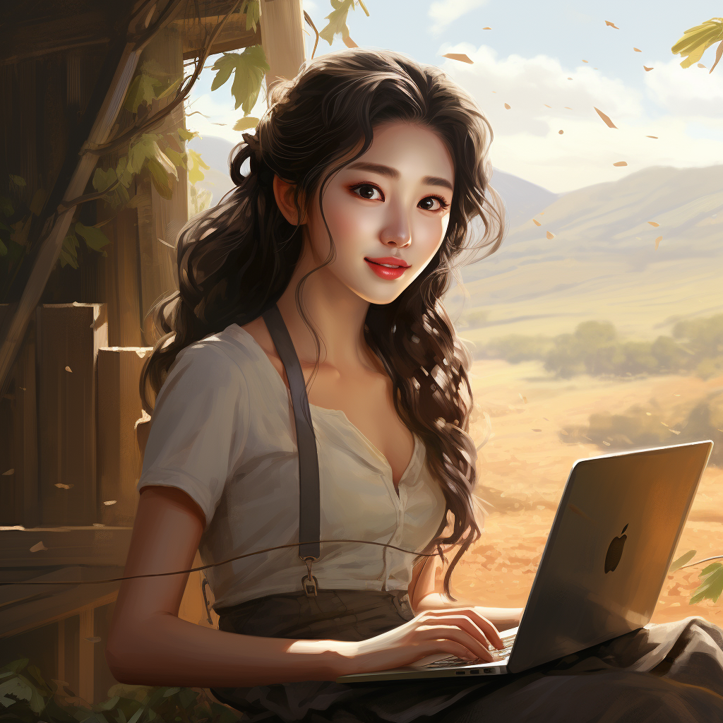 Young Korean girl farmer programming on computer  ?️