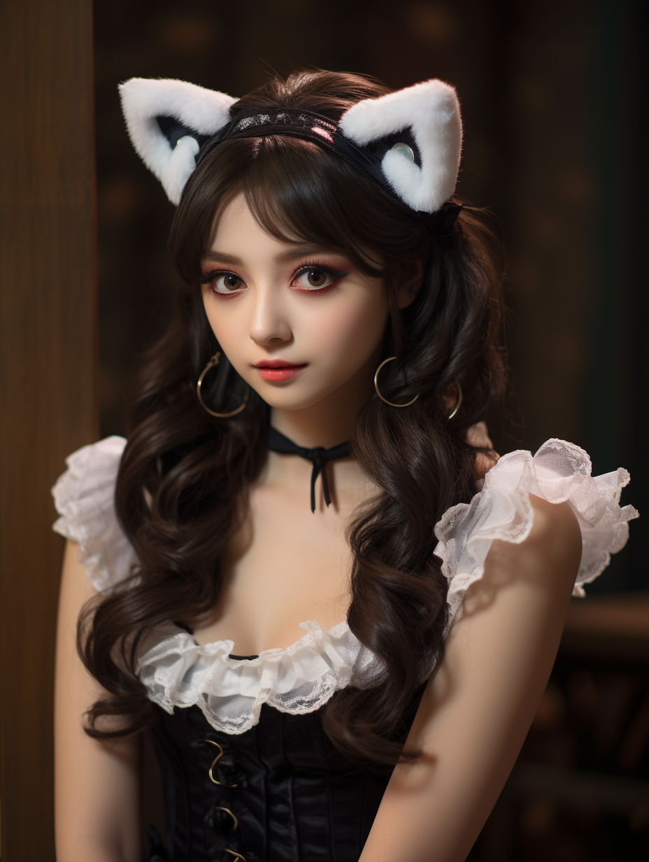 Korean girl wearing maid costume with cat ear headband