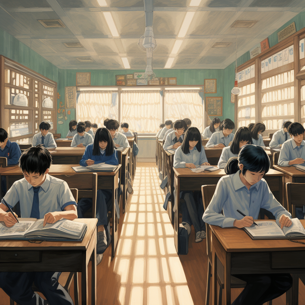 Back view of students in Korean high school classroom