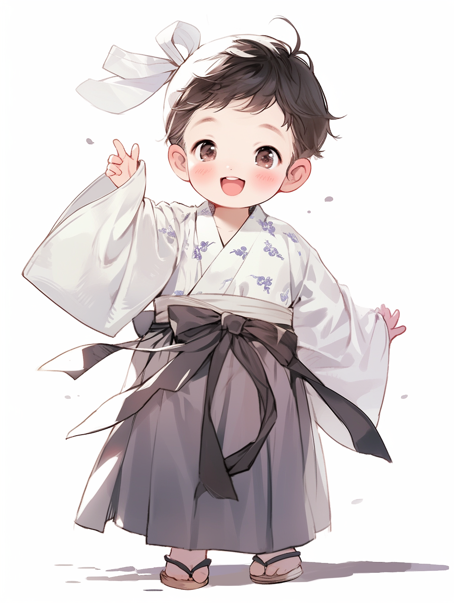 Smiling boy in traditional Korean hanbok skirt