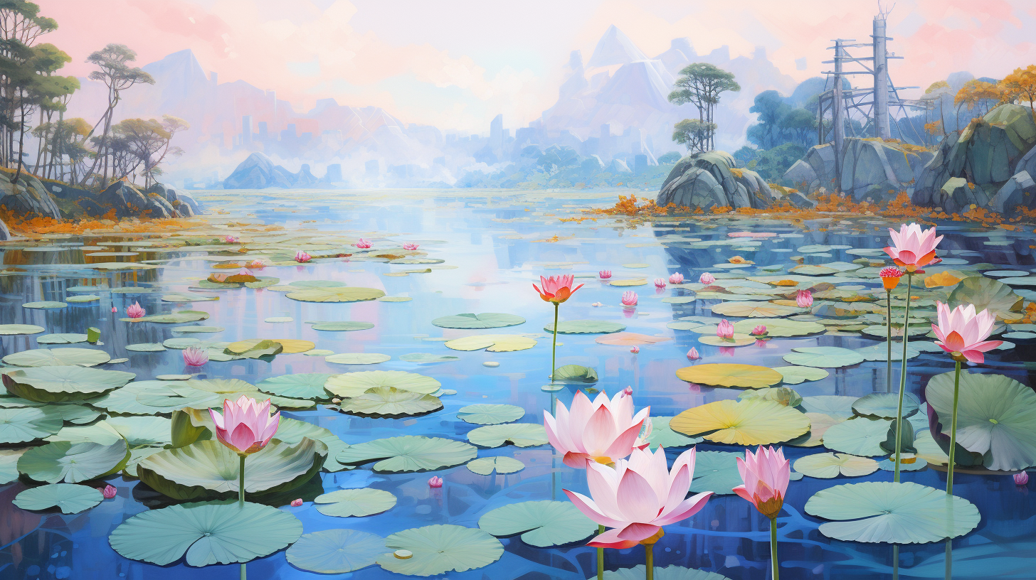 Colorful Korean Lotus Pond Painting