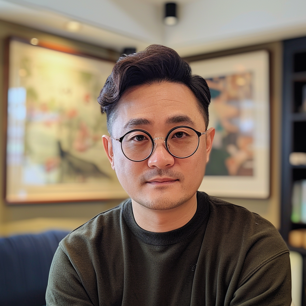 Korean male designer with family and glasses