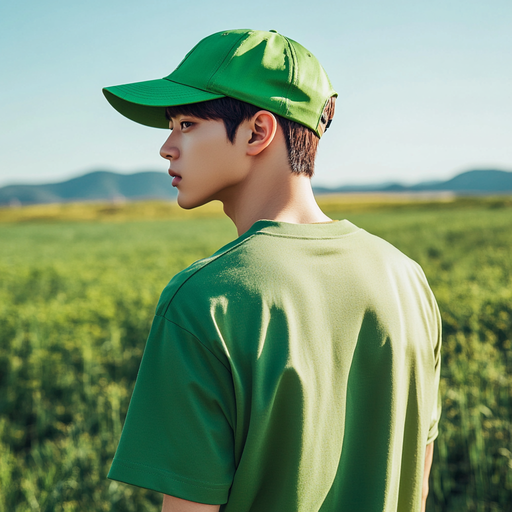 Korean male model in green outfit