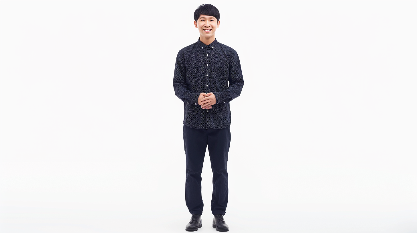 Korean man smiling in navy shirt and slacks