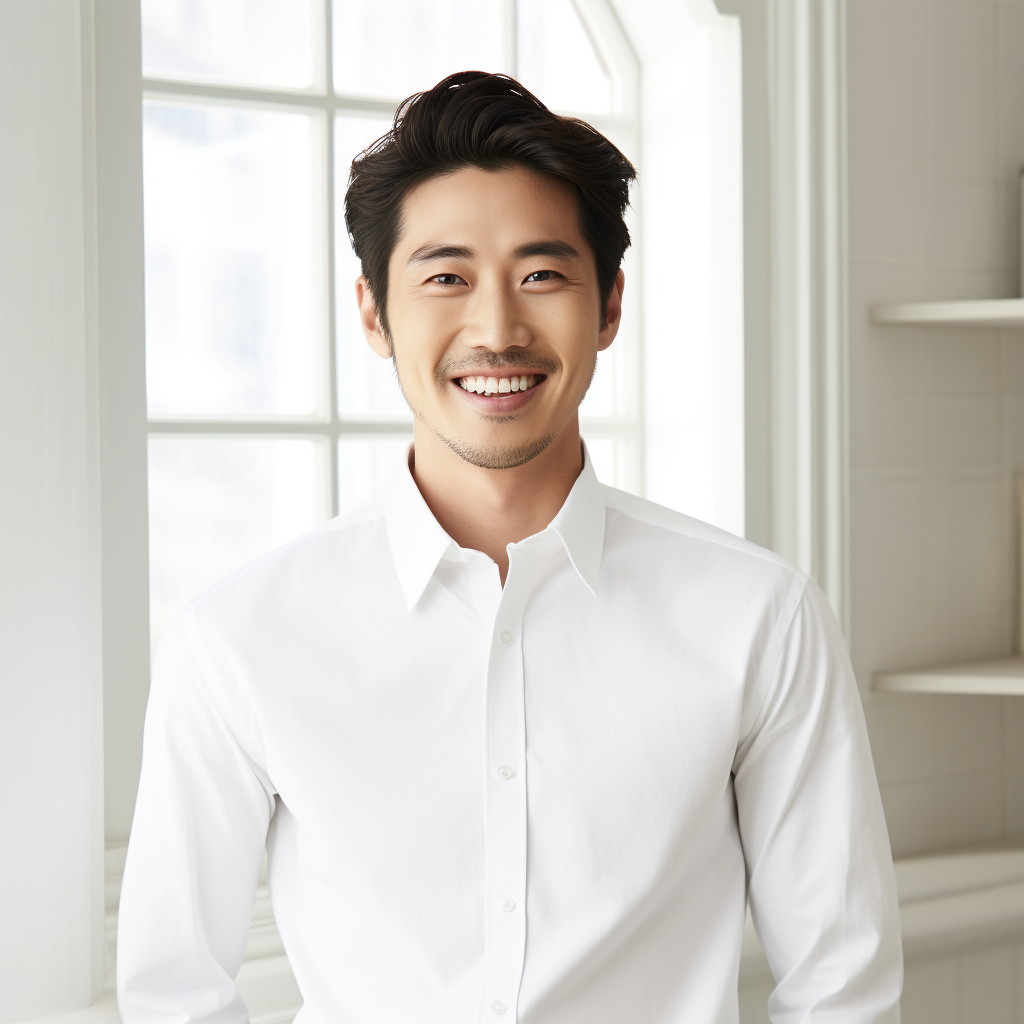 Korean man smiling in white shirt