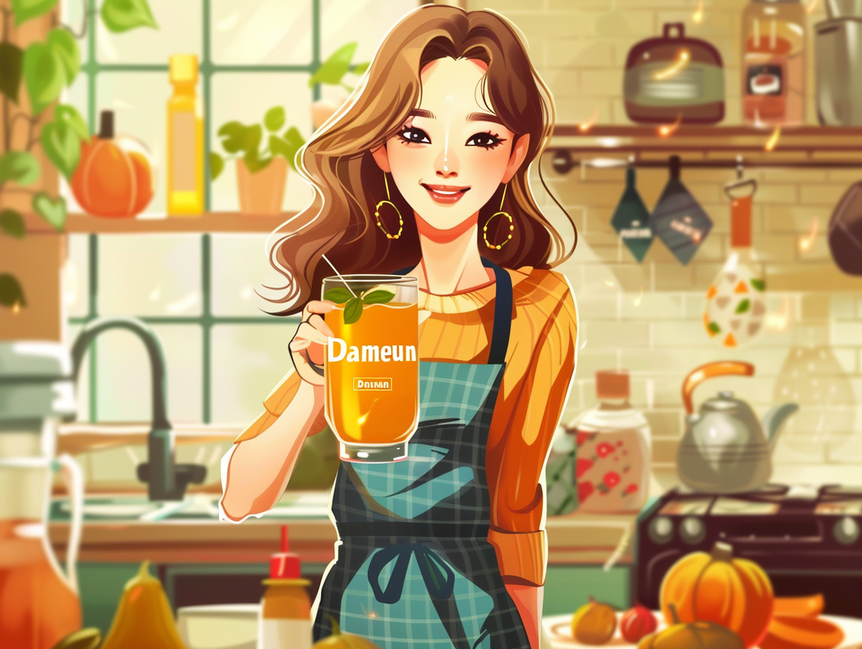 Korean mother with pumpkin juice