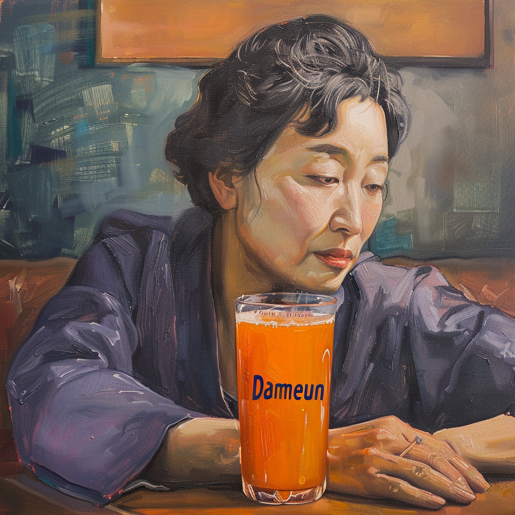 Korean mother drinking vibrant pumpkin juice