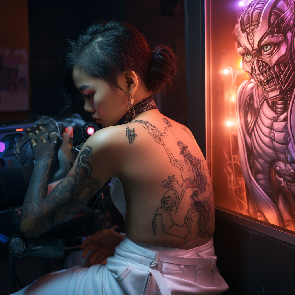 Close-up of Korean punk girl getting tattooed