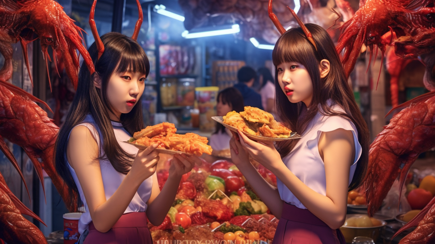 Korean School Girls Enjoying Street Food and Dragon Art