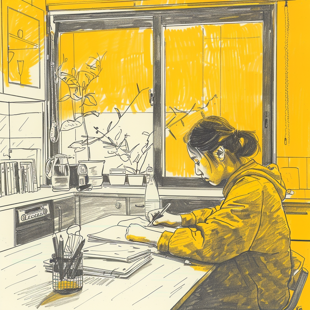 Korean student writing homework in kitchen