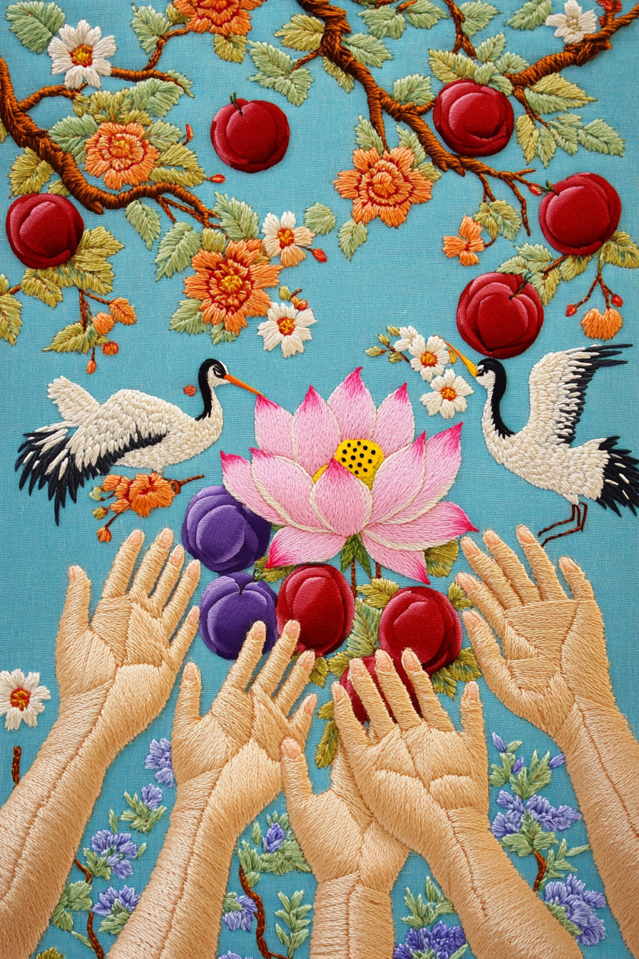 Korean embroidery craft hands lotus peaches cranes background