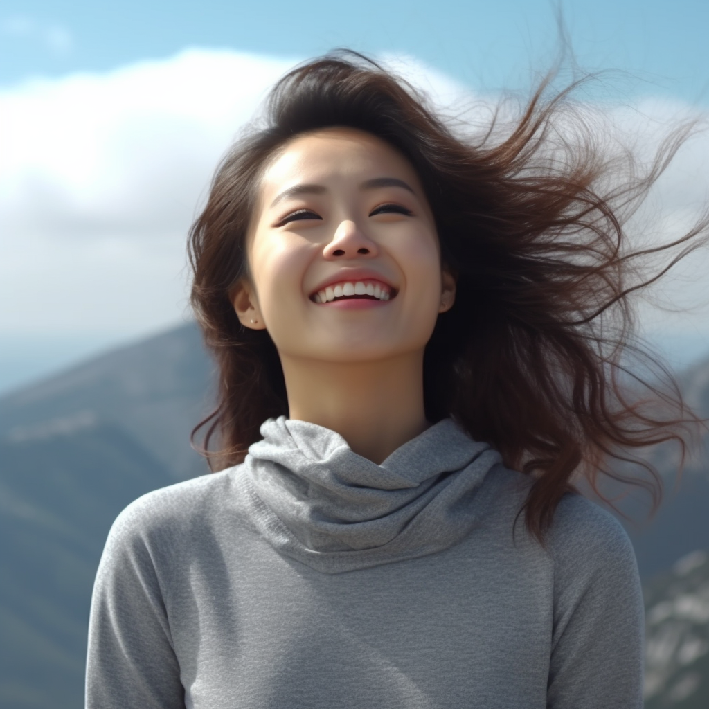 Smiling Korean woman celebrates acceptance on mountain top