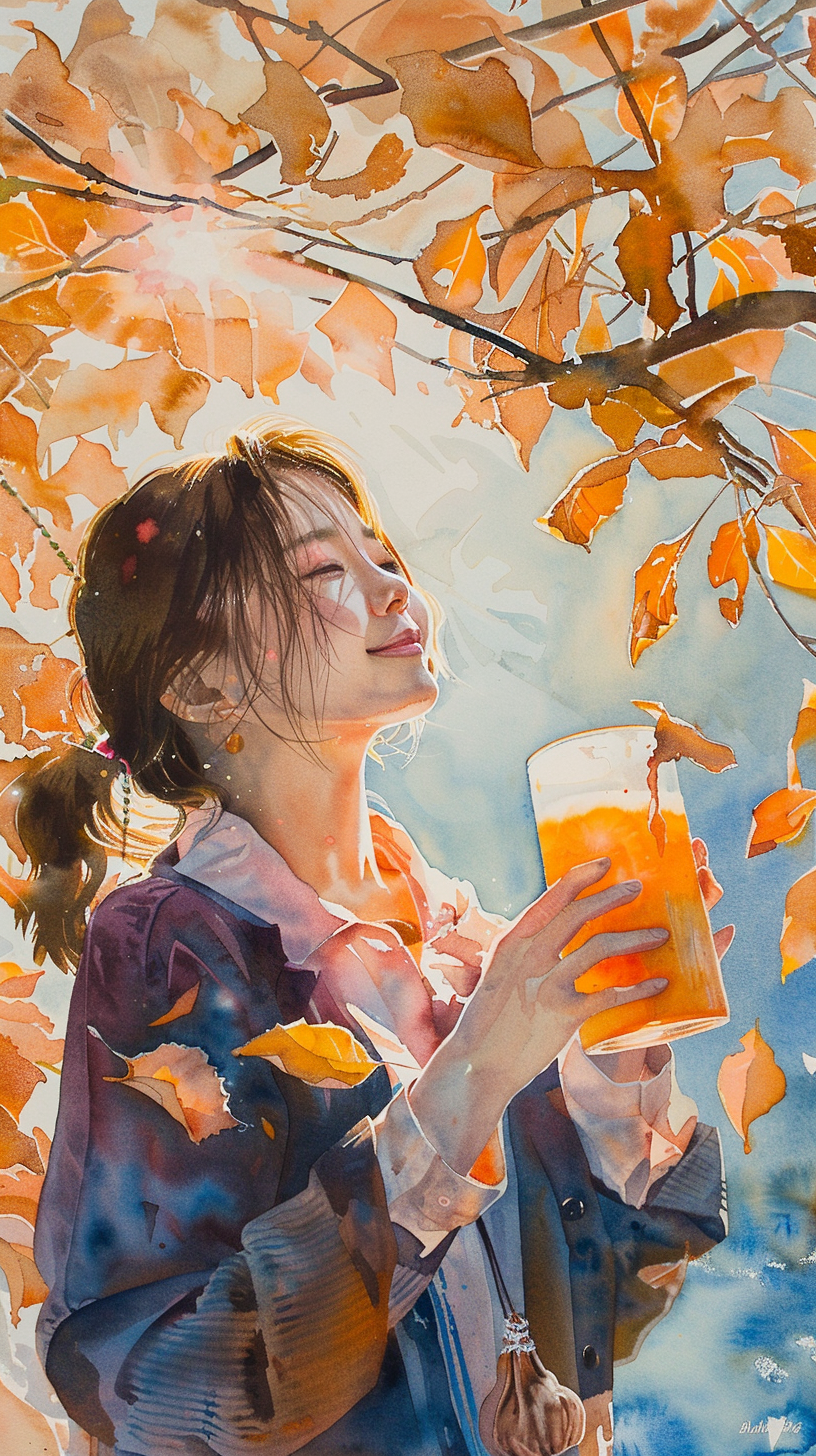 Korean Woman with Pumpkin Juice in Autumn Sunlight