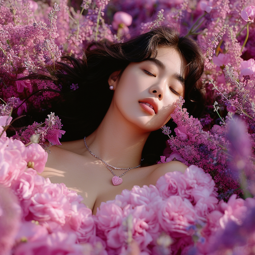 Korean woman in bed of flowers with heart necklace