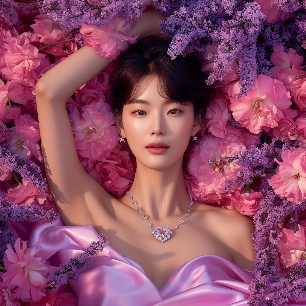 Korean woman with necklace in flower bed