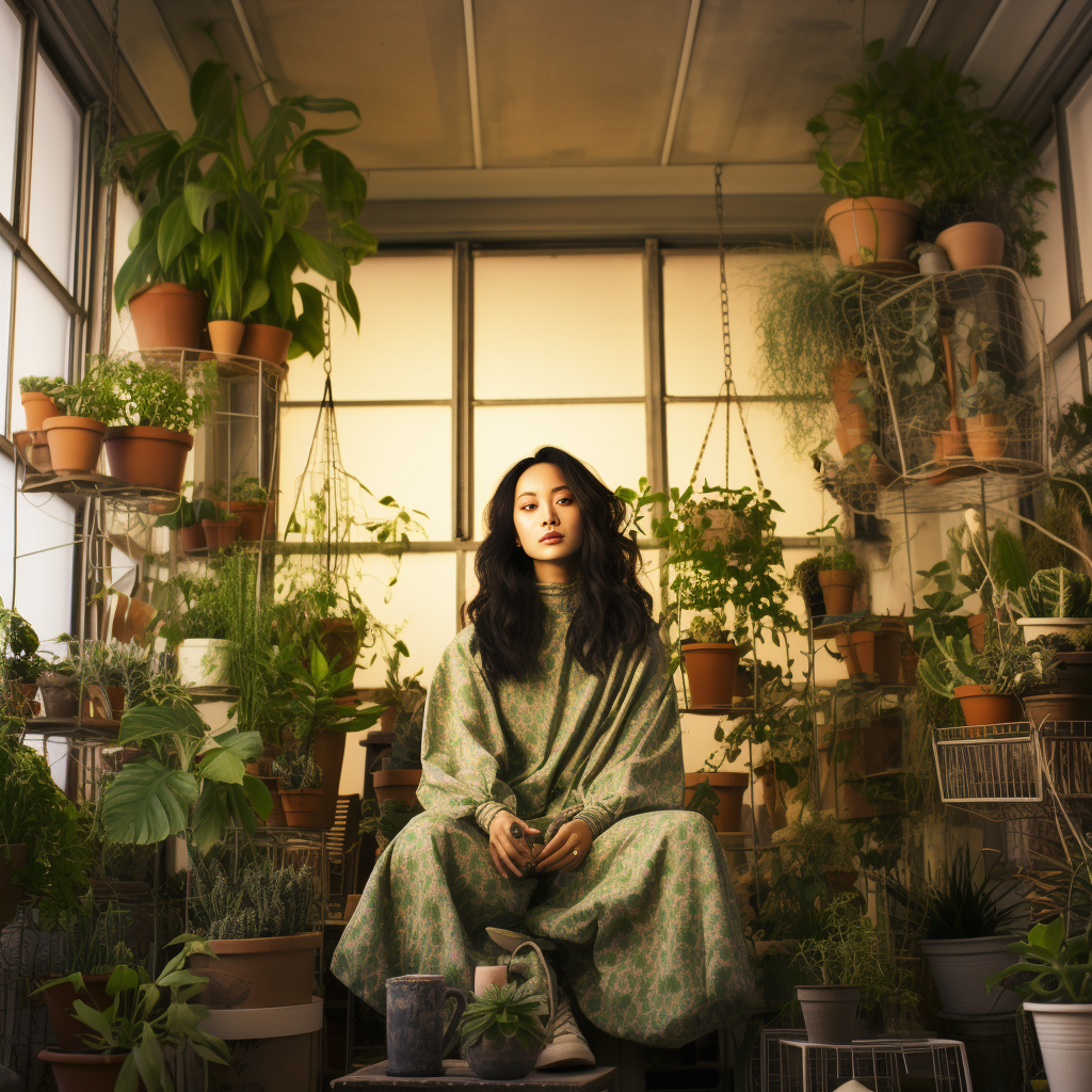 Korean woman interacting with plants