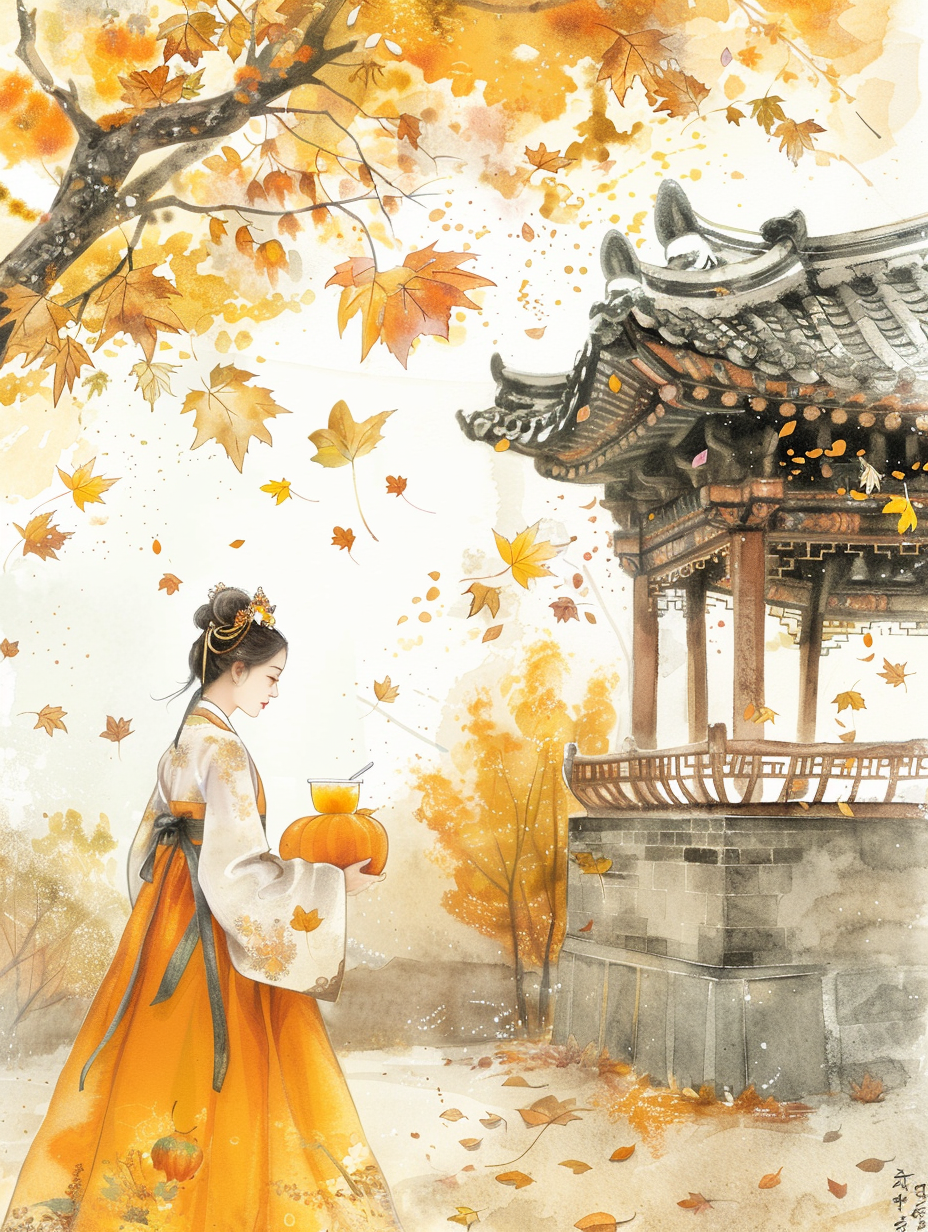 Korean Woman Holding Pumpkin Juice in Traditional Hanbok