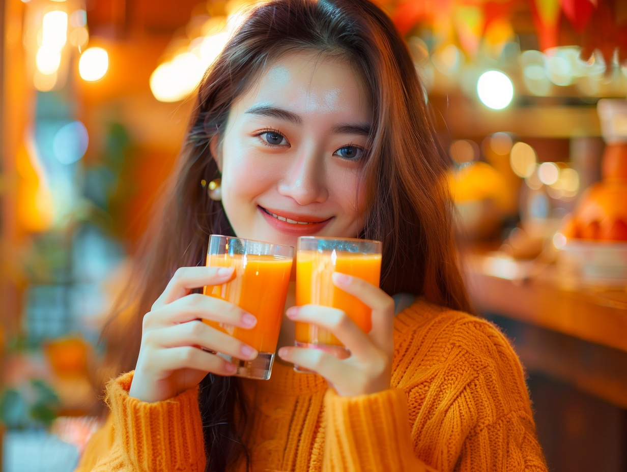 Korean woman with pumpkin juice glasses