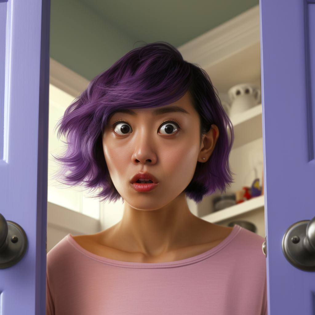 Korean woman with purple bob haircut surprised