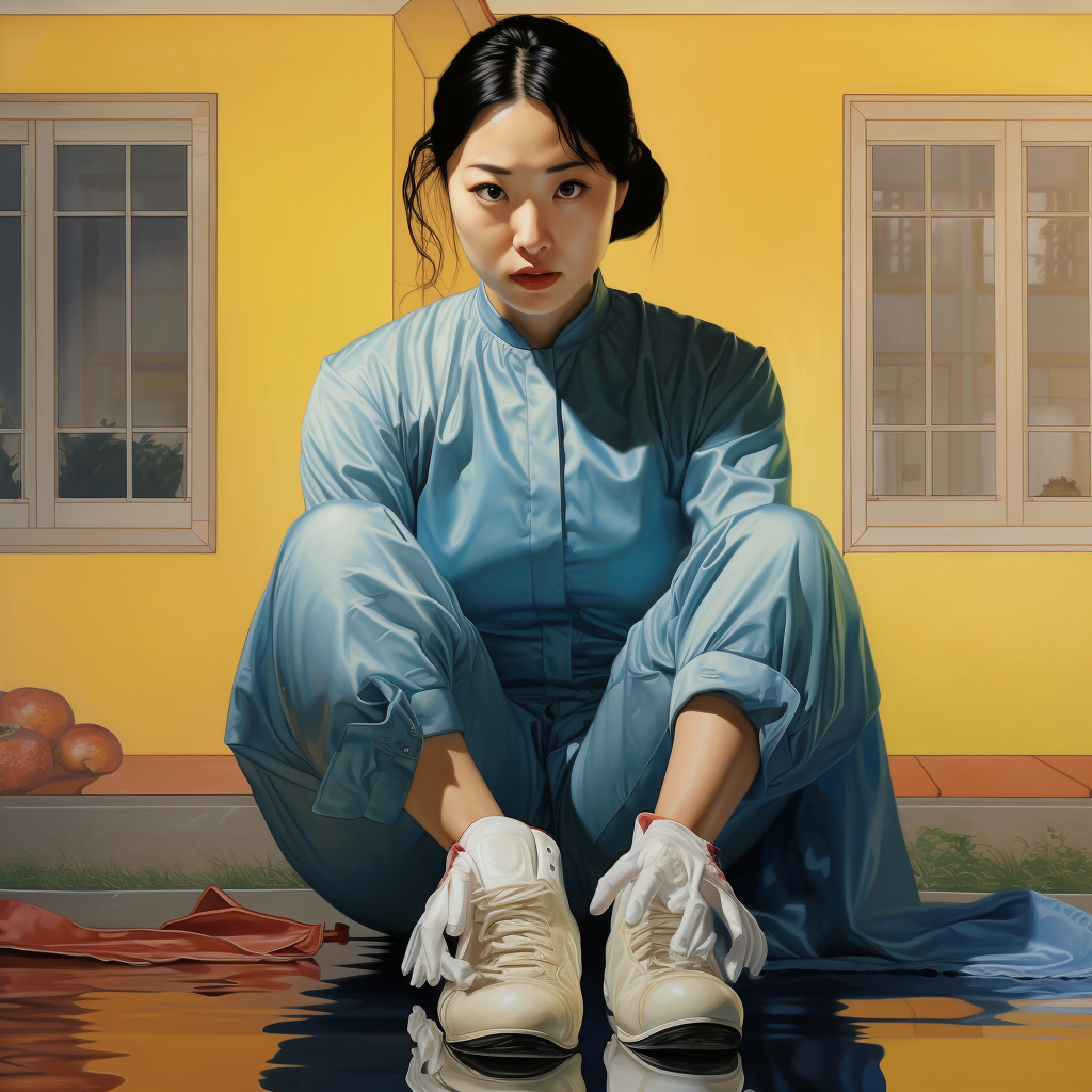 Korean woman wearing rubber gloves on feet